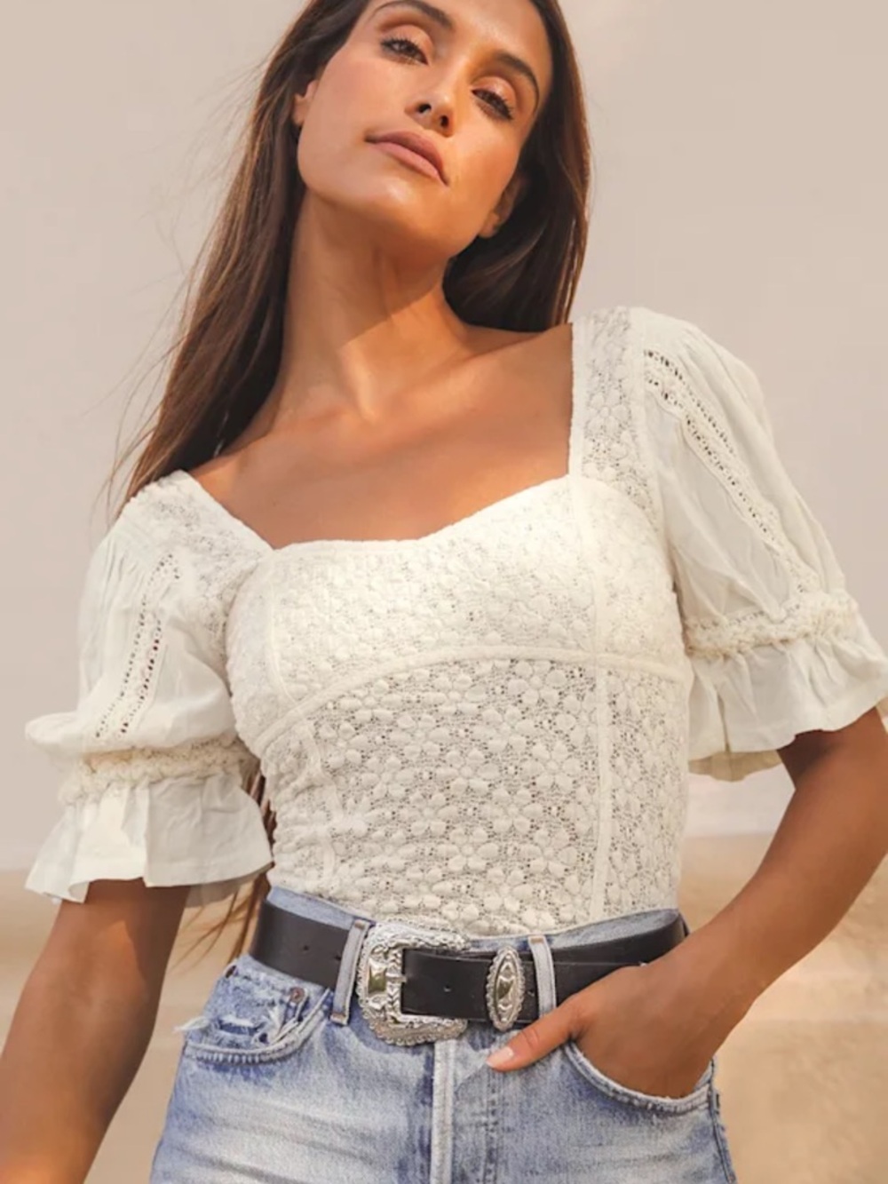 NWT medium Free People ivory Crochet Square-Neck Puff Sleeve Top